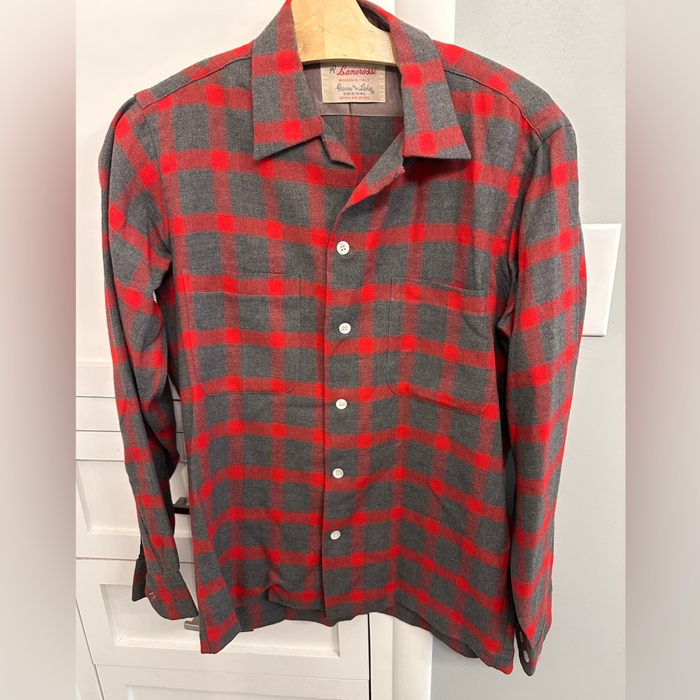 Vintage 60s R Lanerossi Red and Gray Plaid Shirt Sz Small Game and Lake